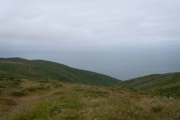 Colinas verdes, sendero que conduce al océano Pacífico en un día nublado —  Fotos de Stock