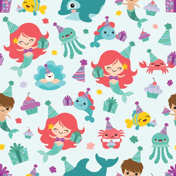 Vector Mermaid Birthday Sea Friends Seamless Pattern Background — Stock Vector