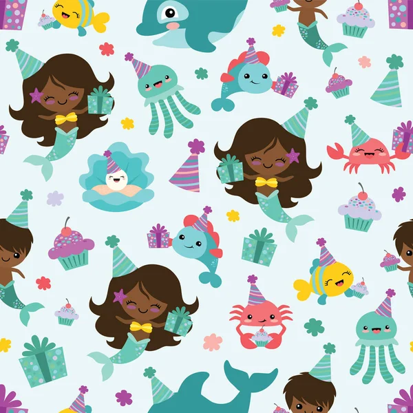 Vector People of Color Mermaid Birthday Sea Friends Seamless Pattern Background — Stock Vector