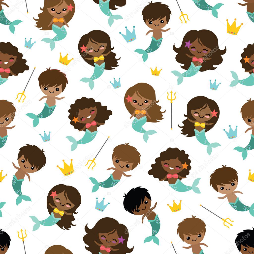 Vector People of Color Mermaids and Mermen Seamless Pattern Background