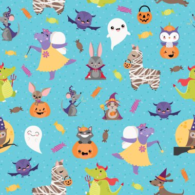 Vektör mavi Cadılar Bayramı arkadaşlar Dikişsiz desen arka plan