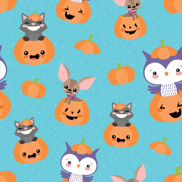 Vector Blue Pumpkin Friends Seamless Pattern Background — Stock Vector