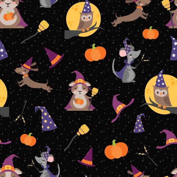 Vector Wizard Witch Friends Seamless Pattern Background — Stock Vector