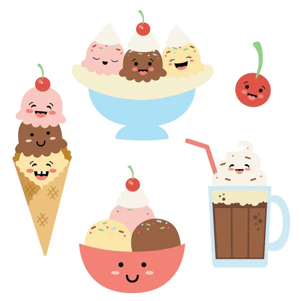 Vetor Silly Ice Cream Sundaes com Rostos Ilustrações —  Vetores de Stock