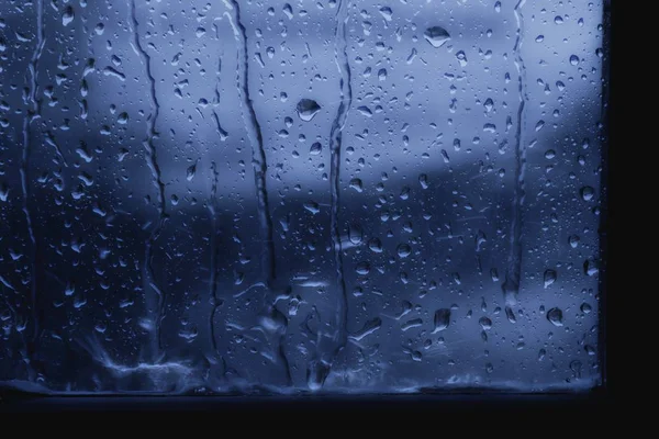 Fond Goutte Pluie Sur Fenêtre Verre Bleu Foncé — Photo