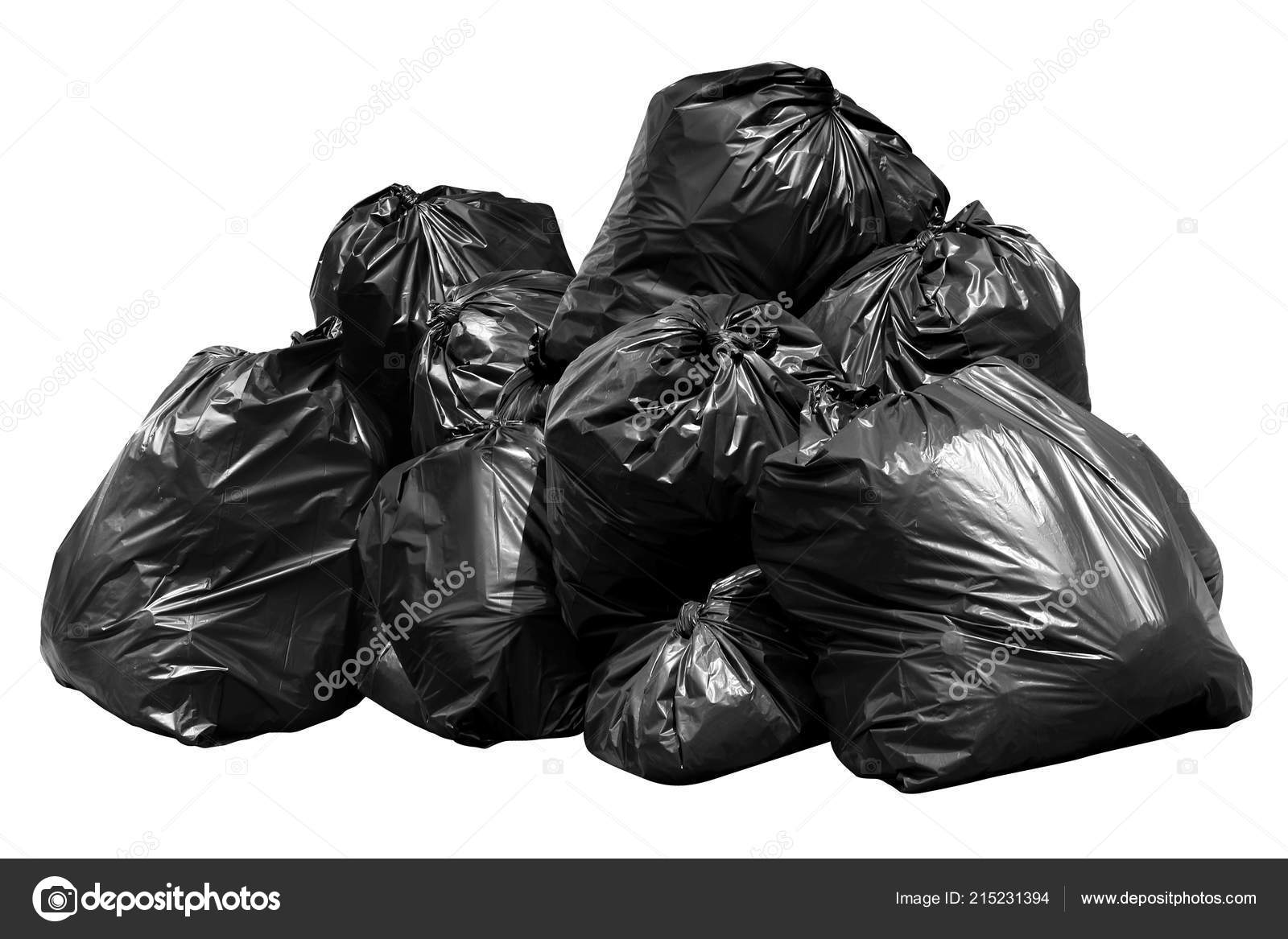 waste, black garbage bags plastic pile stack isolated on white