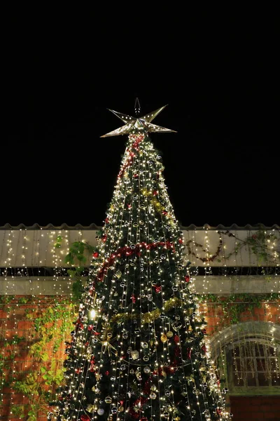 Χριστουγεννιάτικο Δέντρο Διακόσμηση Φόντο Φώτα Νύχτα Εορτασμός Διακοπών Χριστουγέννων Χριστουγεννιάτικα — Φωτογραφία Αρχείου