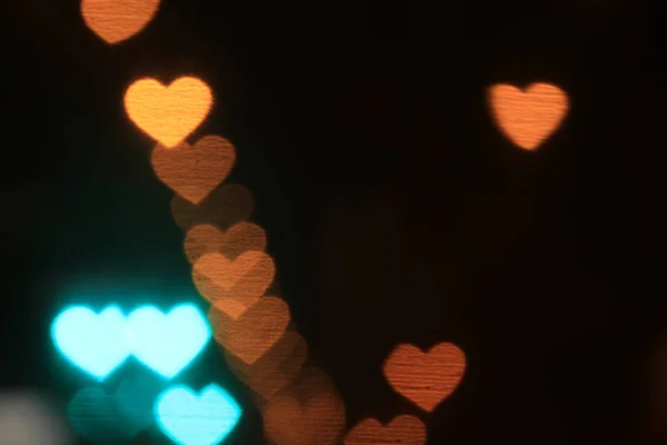 Valentines Colorful Heart Shaped Black Background Lighting Bokeh Decoration Night — Stock Photo, Image