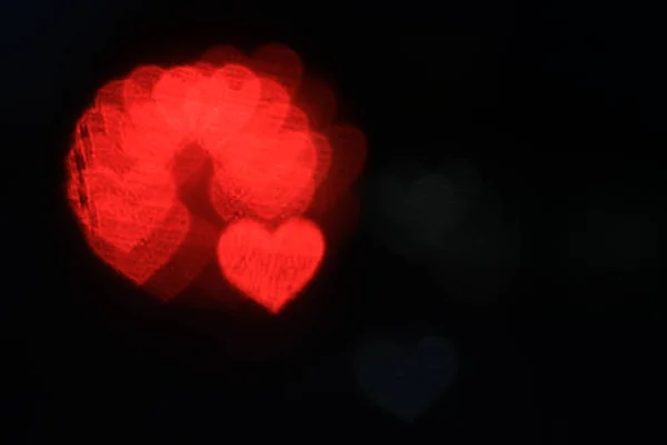 Red Heart Shaped Black Background Colorful Lighting Bokeh Decoration Night — Stock Photo, Image