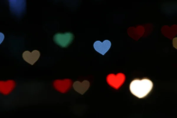 Valentines Kleurrijke Hartvormige Bokeh Zwarte Achtergrond Verlichting Bokeh Voor Decoratie — Stockfoto