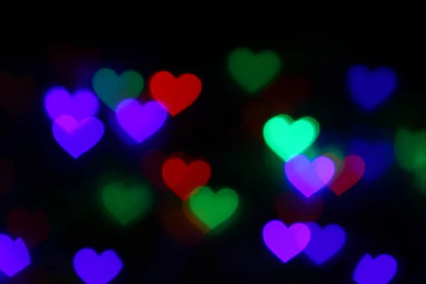 Valentines Kleurrijke Hartvormige Bokeh Zwarte Achtergrond Verlichting Bokeh Voor Decoratie — Stockfoto