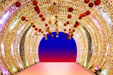 Kemer bokeh altın, bulanık kemer Bokeh altın açık renkli gece kemer lambaları Led renkli sarı parlaklık, zemin kemer kapıyı hafif parlak altın lüks dekorasyon neşeli Noel ve mutlu yeni yıl