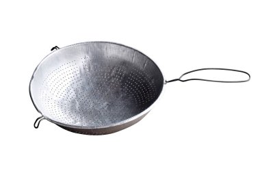 Kevgir, paslanmaz çelik kova, kevgir beyaz arka plan üzerinde Paslanmaz