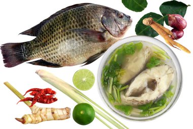 Tilapia ve haşlanmış tilapia balık temiz kase ve malzemeler köri beyaz arka planda (Tom yam pla Tay kelime), sıcak ve ekşi çorba parça dilim balık çorbası baharatlı Kupası, Tayland Gıda tilapia balık haşlanmış