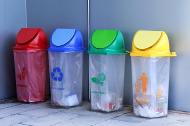 Geri dönüşüm kutusu, bin, plastik atık kutusu, çöp kırmızı sarı mavi ve yeşil atık geri dönüşüm için 4 tipi