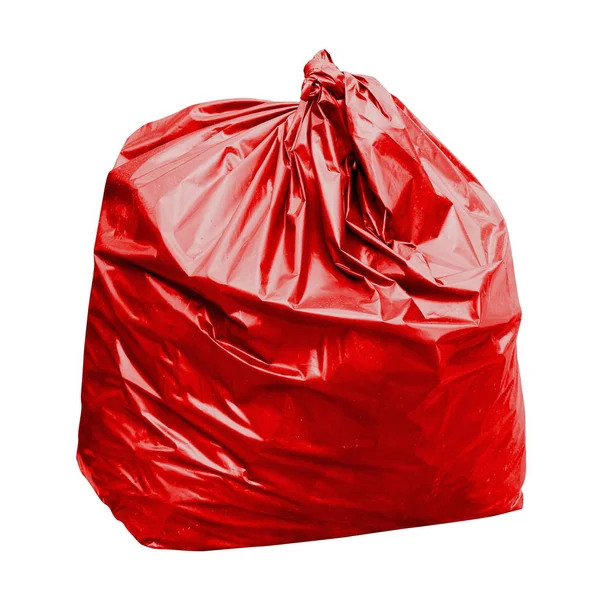 廃棄物 赤いゴミ袋の色は有毒な危険 上分離ホワイト バック グラウンド概念で赤い廃物袋プラスチック — ストック写真