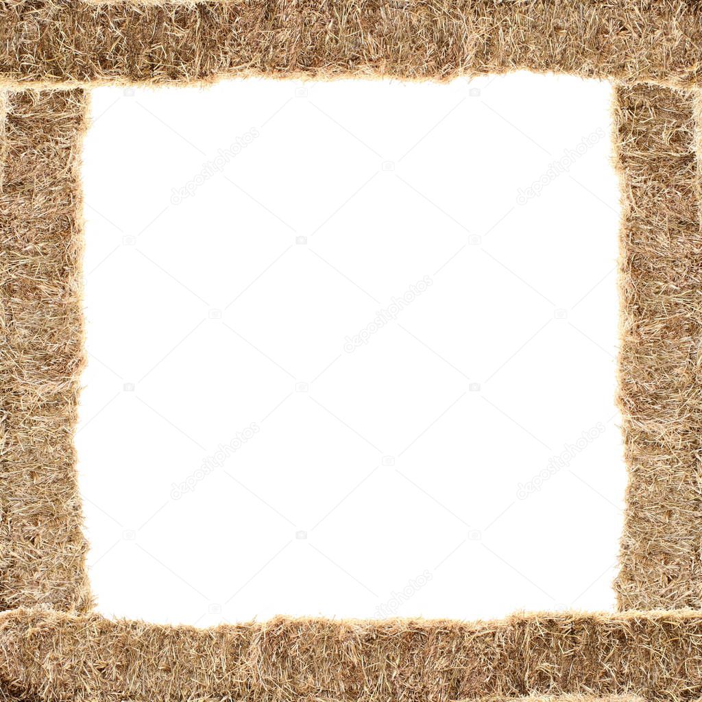 straw border, straw banner, frame from straw grass dry on white background and copy text space for banner advertising, presentation blank style countryside concept idea farm background