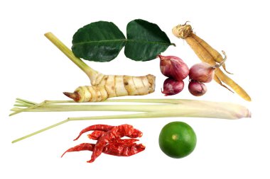 Malzemeler Tay curry ve Tayland Gıda, sıcak ve ekşi çorba, baharatlı limon otu çorbası: kurutulmuş biber, limon otu, kırmızı soğan, küçük arpacık, havlıcan, parmak kök, Güney Afrika'da bir kabile kireç yaprakları (Tom yum Tay kelime)