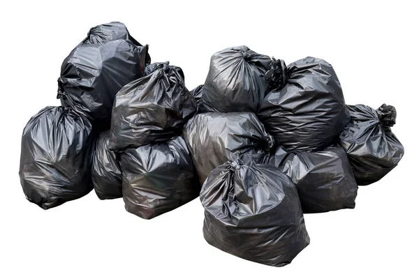 Abfall Schwarze Müllsäcke Kunststoffstapel Isoliert Auf Weißem Hintergrund Viele Haufen — Stockfoto
