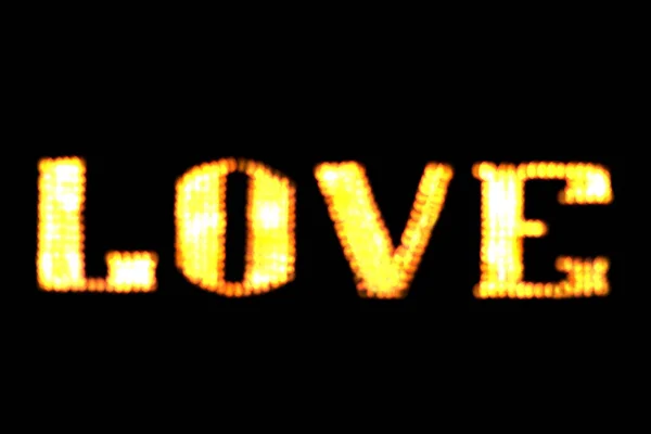 Blurred Text Love Sign Led Bokeh Light Yellow Gold Dark — Stock Photo, Image