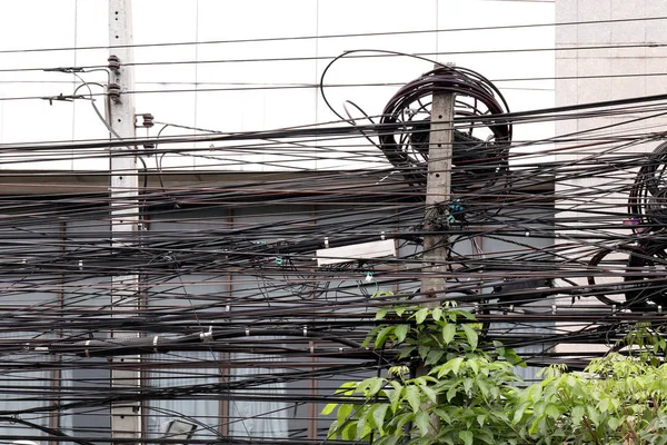Yüksek Voltajlı Güç Kablosu Dolaştırmak Açık Bina Ağaç Bush Tehlikeden — Stok fotoğraf