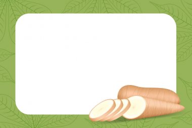 fotokopi alanı için cassava taze afiş çerçeve, tapyoka un endüstrisi veya etanol için manyok kesme dilim, çerçeve üzerinde kazık yucca manyok yumru, şablon afiş yeşil arka plan boş çiğ manyok manyok