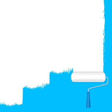 afiş arka plan ve kopya alanı metin reklam için mavi duvarda boya rulo beyaz boya rulo, mavi afiş çerçeve, mavi alan reklam ve boya fırça rulo, rulo fırça simgesi beyaz boyalı