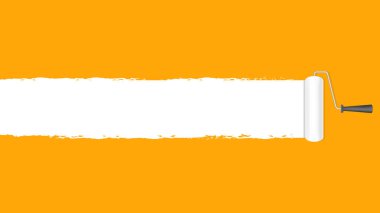 turuncu duvar arka plan üzerinde boya rulo beyaz ve kopya alan metin reklam afiş, turuncu afiş çerçeve, turuncu alan reklam ve boya fırça rulo, rulo fırça simgesi üzerinde beyaz boyalı boya fırça rulo