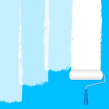 afiş arka plan ve kopya alanı metin reklam için mavi duvarda boya rulo beyaz boya rulo, mavi afiş çerçeve, mavi alan reklam ve boya fırça rulo, rulo fırça simgesi beyaz boyalı