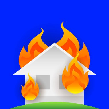 ev yangın yanık, sembol yangın ev yanık, alev kazası, alev illüstrasyon simgesi tehlike, ev veya bina hasar yanık kaza ve sigorta iş konsepti mavi arka plan izole