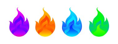 renkli ateş topu beyaz arka plan, turuncu kırmızı ateş topu, mavi ateş topu, mor ateş topu, yeşil ateş, web sitesinde logo için renkli yangın sembolü izole set, yangın simgesi