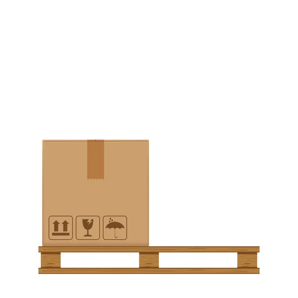 木質パレットの木箱 工場倉庫保管庫に段ボール箱付き木製パレット フラットスタイルの倉庫段ボール小包箱スタック 包装貨物 3Dボックス茶色の孤立した白い背景 — ストックベクタ