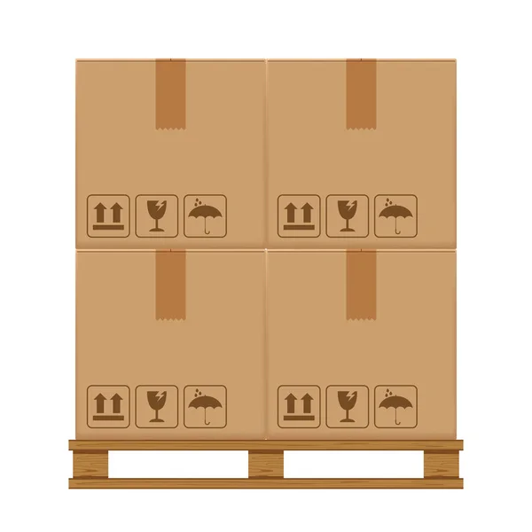 箱箱四个在木质托盘上 木托盘用纸板箱在工厂仓库储存 扁平式仓库纸板箱堆栈 包装货物 3D箱棕色隔离在白色 — 图库矢量图片