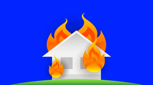 住宅火災 シンボル火災住宅火災 炎事故 イラストアイコンの炎の危険性 住宅や建物の損傷事故や保険事業の概念は青い背景に隔離 — ストックベクタ