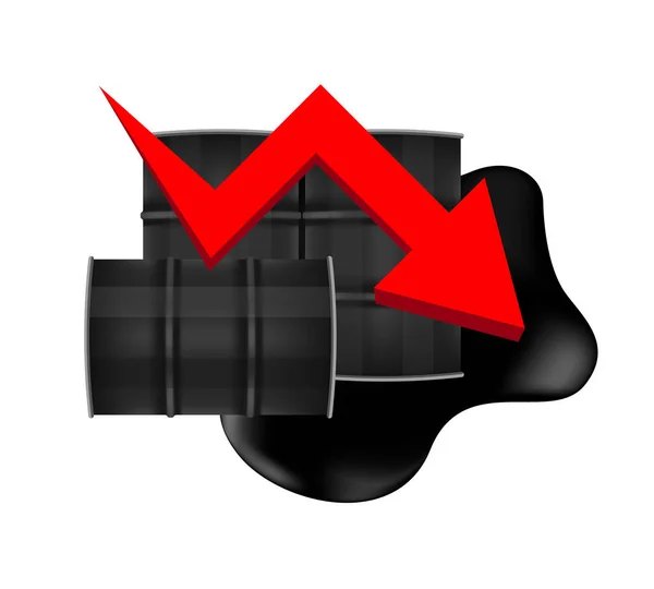 原油桶与下降图符号红色箭头隔离在白色背景 黑色金属桶和原油下降和溢出 原油价格下降图标和石油行业概念 — 图库矢量图片