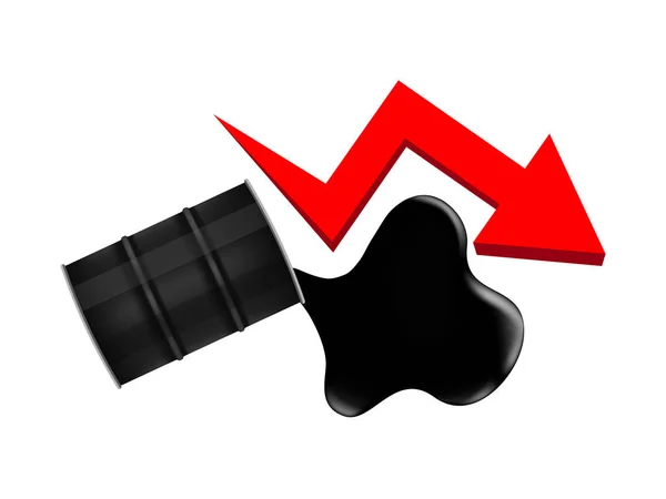 白い背景に孤立した落下グラフ記号の赤い矢印を持つ原油バレル 黒い金属バレルと原油のドロップと流出 原油価格の下落と石油産業の概念のアイコン — ストックベクタ