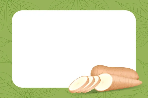 Banner frame of cassava fresh for copy space, cassava cut slice for tapioca flour industry or ethanol, pile yucca cassava tuber on frame, raw manioc cassava on template banner green background empty — Stock Illustration Banner Frame Cassava Fresh Copy Space Cassava Cut Slice Tapioca Stock Illustration