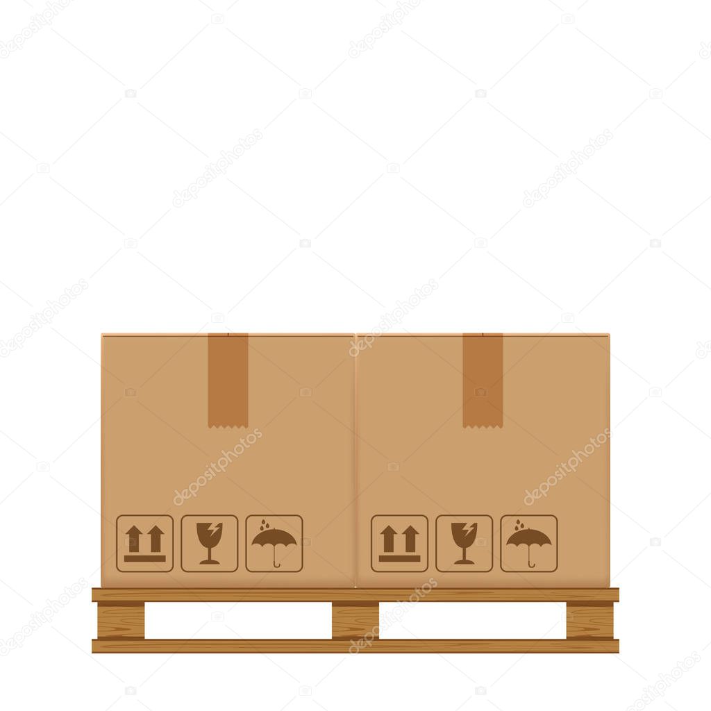 crate boxes two on wooded pallet, wood pallet with cardboard box in factory warehouse storage, flat style warehouse cardboard parcel boxes stack, packaging cargo, 3d boxes brown isolated on white