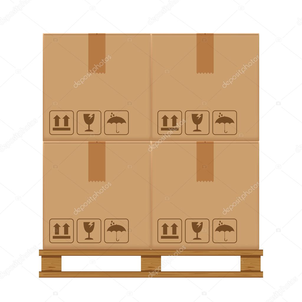 crate boxes four on wooded pallet, wood pallet with cardboard box in factory warehouse storage, flat style warehouse cardboard parcel boxes stack, packaging cargo, 3d boxes brown isolated on white