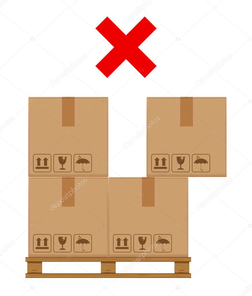 crate boxes on wooded pallet and cross mask red for product arrangement concept, stack cardboard box in factory warehouse storage, cardboard parcel boxes packaging cargo brown isolated on white