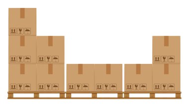 ağaçlık palet üzerinde sandık kutuları, fabrika depo depolama karton kutu ile ahşap palet, düz tarzı depo karton koli kutuları yığını, ambalaj kargo, 3d kutuları kahverengi beyaz izole