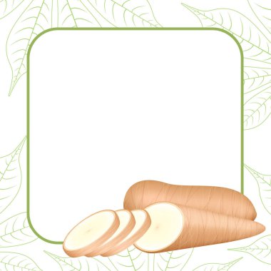 fotokopi alanı için cassava taze afiş çerçeve, tapyoka un endüstrisi veya etanol için manyok kesme dilim, çerçeve üzerinde kazık yucca manyok yumru, şablon afiş yeşil arka plan boş çiğ manyok manyok