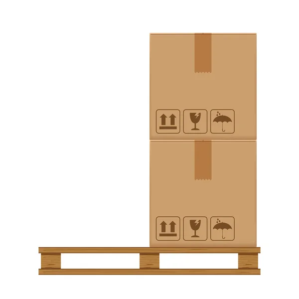 木質パレットに2つの木箱 工場倉庫保管庫に段ボール箱付き木製パレット フラットスタイルの倉庫段ボール小包箱スタック 包装貨物 3Dボックス茶色の白で隔離 — ストックベクタ