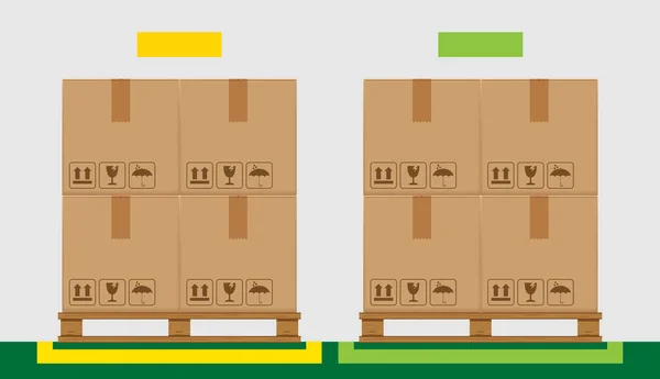 箱箱在木质托盘和绿色标记区为产品安排概念 堆叠纸板箱在工厂仓库存储 纸板包裹箱包装货物棕色隔离在灰色 — 图库矢量图片