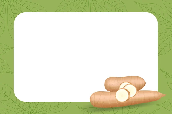 Banner frame of cassava fresh for copy space, cassava cut slice for tapioca flour industry or ethanol, pile yucca cassava tuber on frame, raw manioc cassava on template banner green background empty — Stock Illustration Banner Frame Cassava Fresh Copy Space Cassava Cut Slice Tapioca Royalty Free Stock Vectors