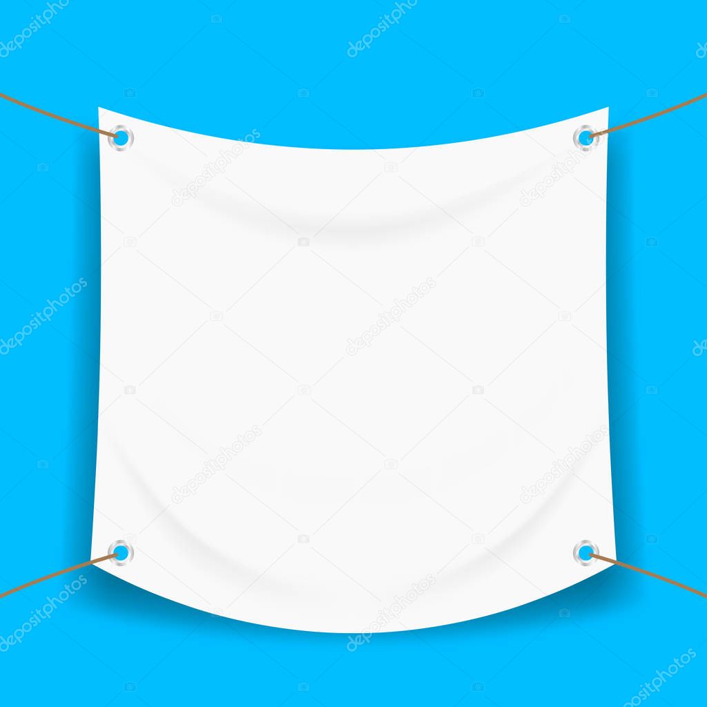 vinyl banner blank white isolated on square blue frame, white mock up textile fabric empty for banner advertising stand hanging, indoor outdoor fabric mesh vinyl backdrop for presentation frame poster