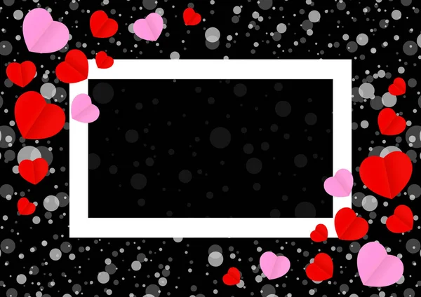空白色框架和红色粉红色心形模板横幅情人节卡黑色背景 许多心形在黑色为情人节背景 图像黑色与心形装饰 — 图库矢量图片