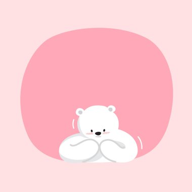 Beyaz ayı çizgi film karakteri. Pembe pastel renkli arka planda şirin. Fotokopi alanı boş, konuşma baloncuğu şablonu üzerinde beyaz ayı, boş pankart oyuncak ayı maskotu güzel.