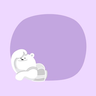 Beyaz ayı çizgi film karakteri mor pastel renkli arka planda şirin. Fotokopi alanı boş, konuşma baloncuğu şablonu üzerinde beyaz ayı, boş pankart oyuncak ayı maskotu güzel.