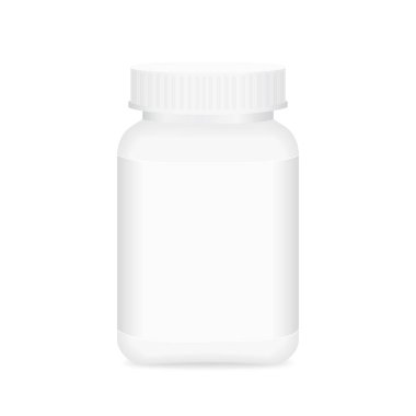 white medicine bottle and white label, bottle plastic white packaging single blank for template design white background, package bottle packing pill, medicine, vitamin, drug tablet, supplement